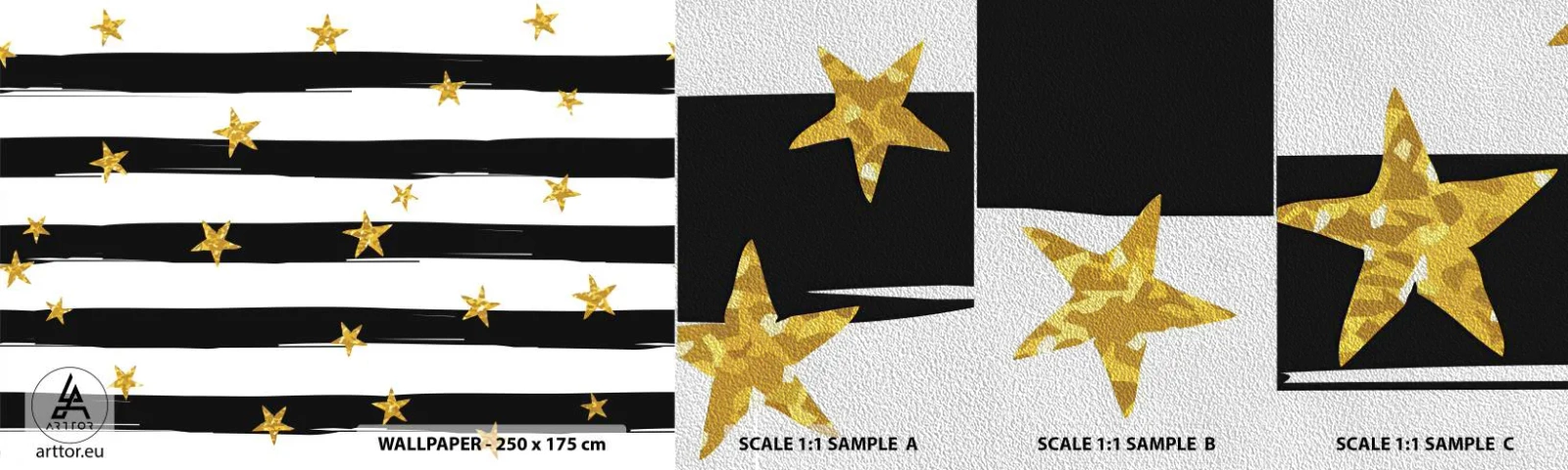 Échantillon de Papier Peint Premium Sand - Nous sommes tous nés sous une bonne étoile - Graphique, Étoile d'or, Rayures noires et blanches - 100x30 cm