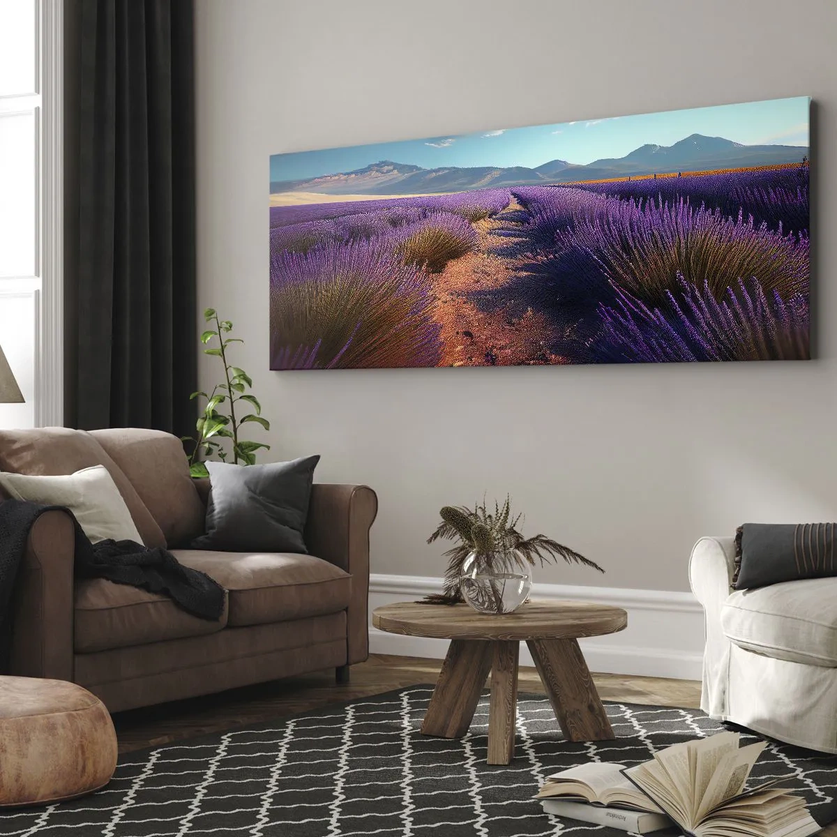 Impression sur toile - Image sur toile - Un champ de lavande avec vue sur les montagnes et le ciel bleu - 120x50cm - Champs parfumés - Décoration murale moderne pour le salon et la chambre ARTTOR