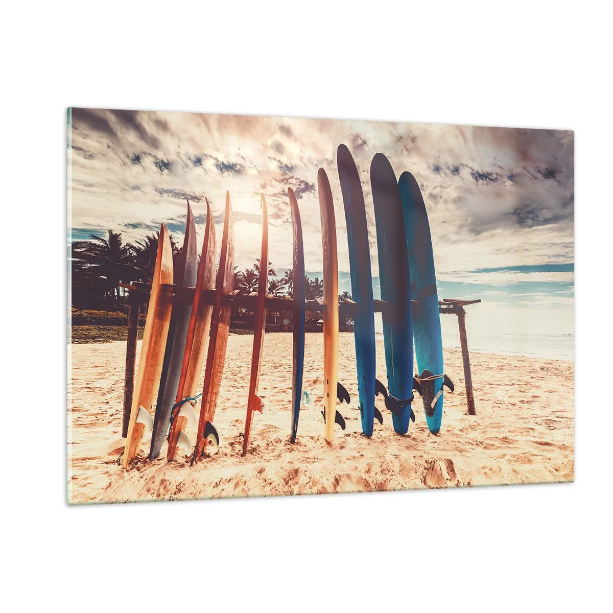 Impression sur verre - Image sur verre - Planches de surf colorées alignées sur la plage au coucher du soleil - 120x80cm - Bonne nuit, à demain - Décoration murale moderne pour le salon et la chambre ARTTOR