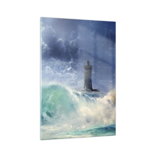 Impression sur verre - Image sur verre - Un phare entouré de vagues agitées et de nuages - 70x100cm - En garde contre les éléments - Décoration murale moderne pour le salon et la chambre ARTTOR