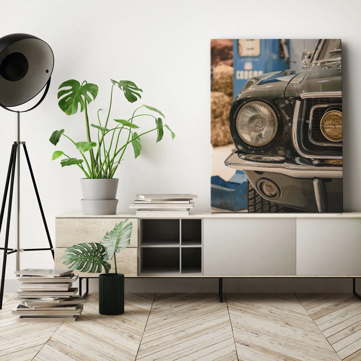 Impression sur toile - Image sur toile - Une voiture rétro emblématique dans un cadre classique - 50x70cm - Rencontre avec une légende - Décoration murale moderne pour le salon et la chambre ARTTOR