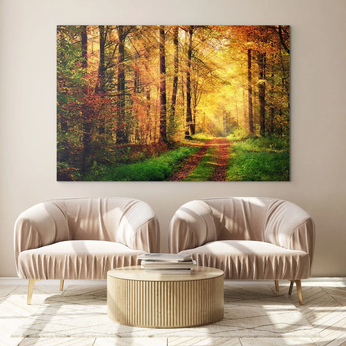 Impression sur verre - Image sur verre - Chemin d'automne dans la forêt avec les rayons du soleil - 70x50cm - Silence d'or en forêt - Décoration murale moderne pour le salon et la chambre ARTTOR