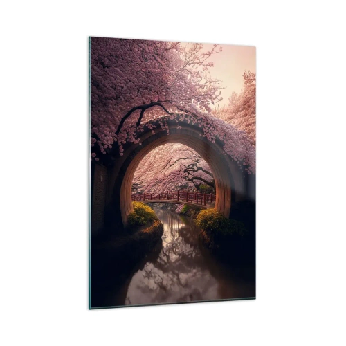 Impression sur verre - Image sur verre - Un pont japonais traditionnel entouré de fleurs de cerisier - 80x120cm - Printemps japonais - Décoration murale moderne pour le salon et la chambre ARTTOR