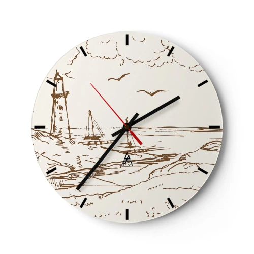 Horloge murale - Pendule murale - Illustration d'un phare avec un voilier et des oiseaux contre le ciel - 30x30cm - Esquisse de souvenirs d'été - Décoration murale moderne pour le salon, la cuisine et la chambre ARTTOR