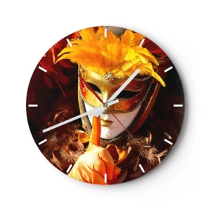 Horloge murale - Pendule murale - Masque de carnaval avec plumes dorées et orange - 30x30cm - Le secret est une partie du jeu - Décoration murale moderne pour le salon, la cuisine et la chambre ARTTOR