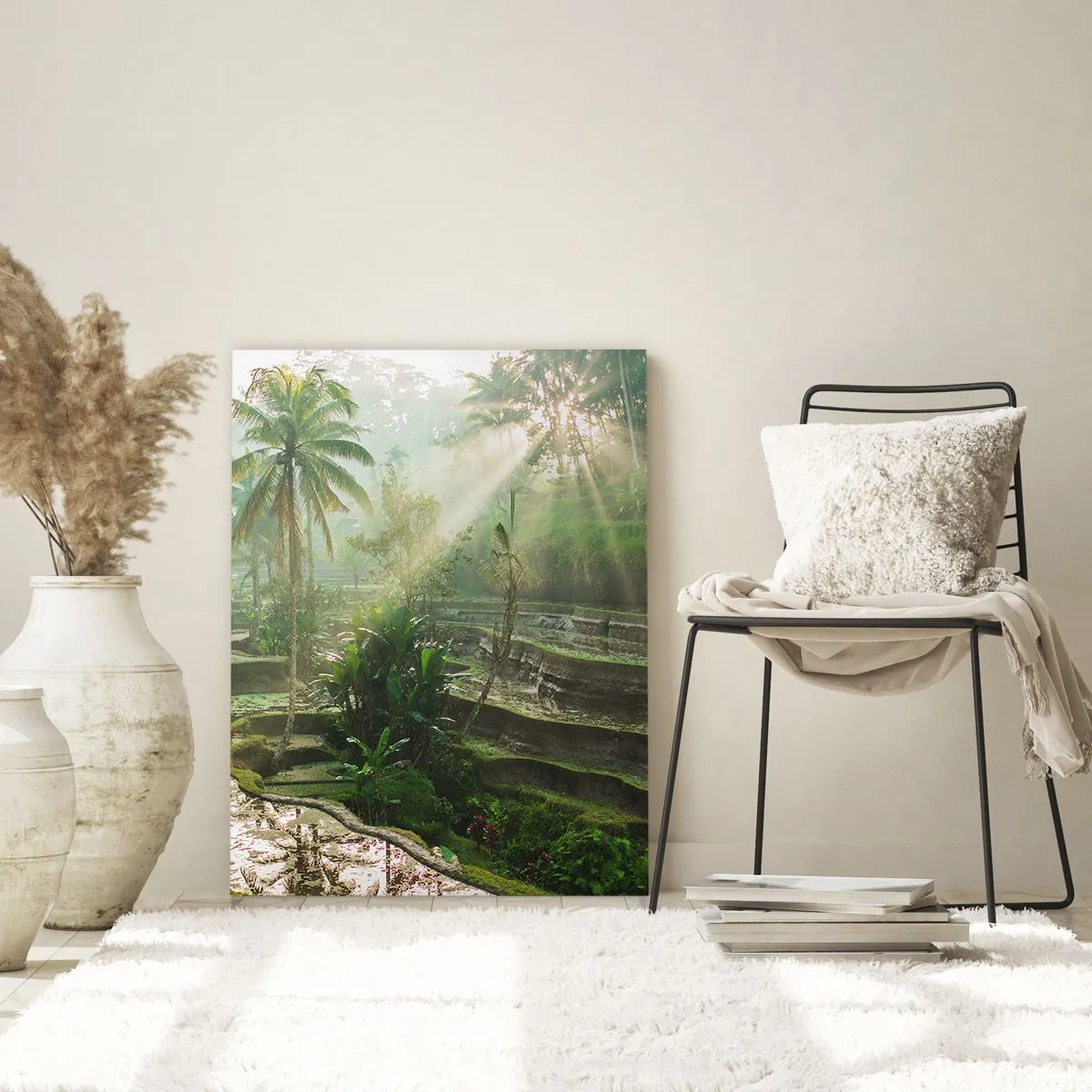 Impression sur verre - Image sur verre - Rizières en terrasses avec palmiers sous les rayons du soleil - 80x120cm - Grandir au soleil - Décoration murale moderne pour le salon et la chambre ARTTOR