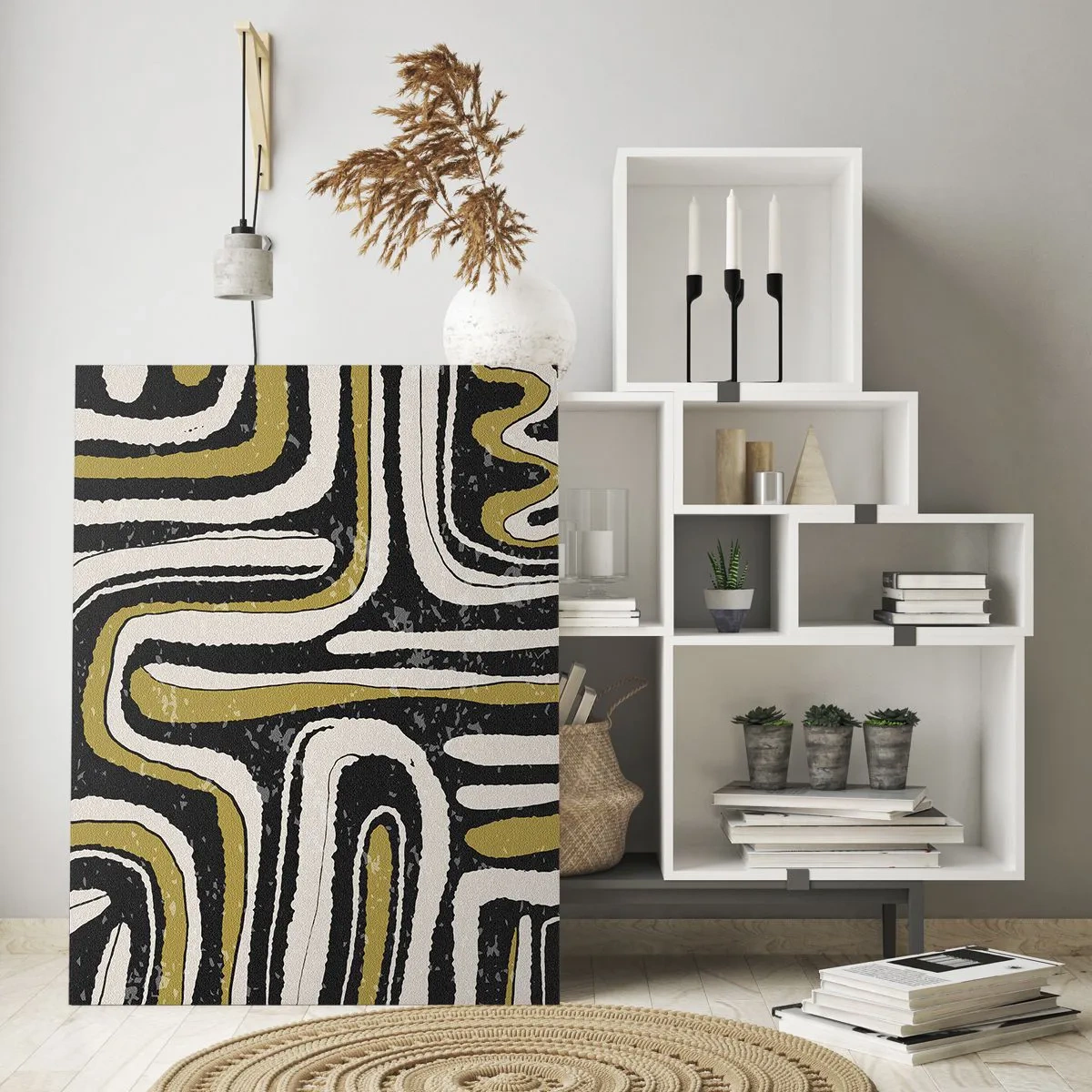 Impression sur verre - Image sur verre - Motif abstrait en noir, blanc et or - 80x120cm - Composition : routes et ruelles - Décoration murale moderne pour le salon et la chambre ARTTOR