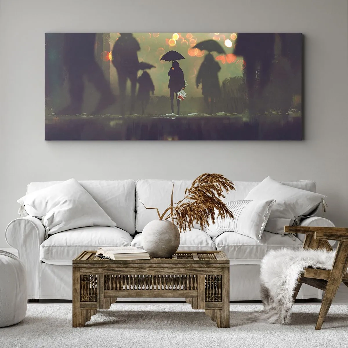 Impression sur toile - Image sur toile - Une silhouette avec un parapluie un soir pluvieux parmi les lumières de la ville - 160x50cm - Du point de vue d'une goutte de pluie - Décoration murale moderne pour le salon et la chambre ARTTOR
