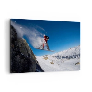 Impression sur toile - Image sur toile - Un snowboarder saute d'un rocher dans un paysage montagneux - 120x80cm - Et tu es devenu une partie de l'espace - Décoration murale moderne pour le salon et la chambre ARTTOR