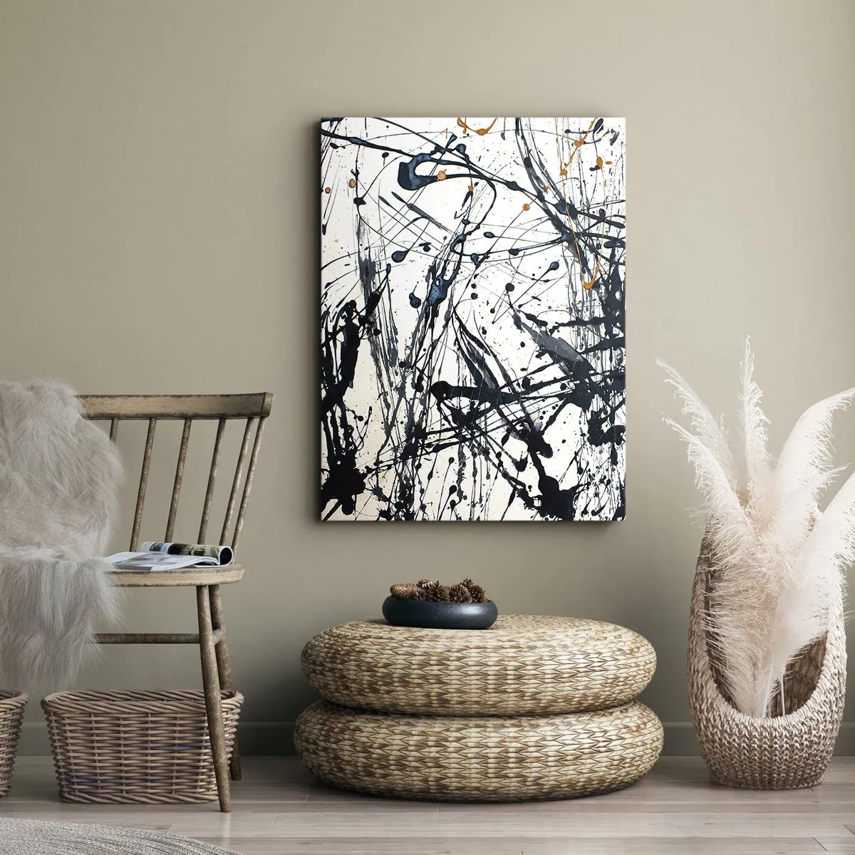 Impression sur toile - Image sur toile - Une peinture abstraite avec des éclaboussures de peinture dans des motifs dynamiques. - 50x70cm - Abstraction expressionniste - Décoration murale moderne pour le salon et la chambre ARTTOR