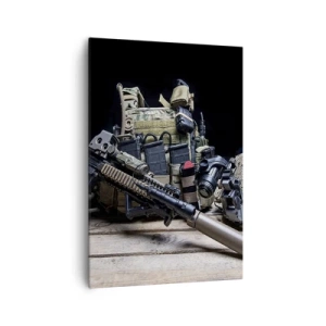 Impression sur toile - Image sur toile - Équipement tactique avec un fusil sur une table en bois - 70x100cm - Se reposer! - Décoration murale moderne pour le salon et la chambre ARTTOR