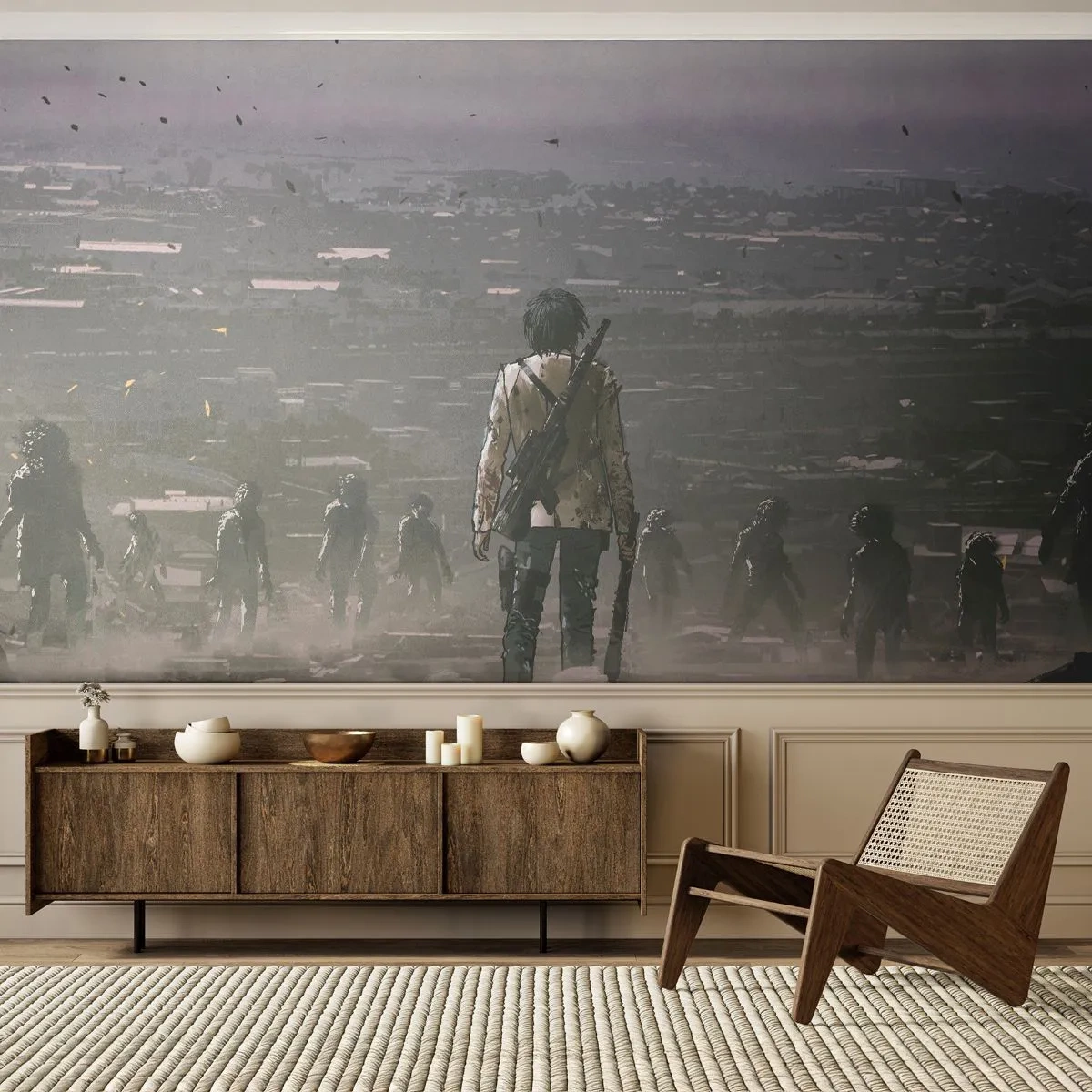 Papier Peint Photo Premium Canvas - Une silhouette avec une arme se tient devant un groupe dans un paysage dystopique. - 100x70cm - Dernier samaritain ? - Décoration murale moderne pour le salon et la chambre ARTTOR