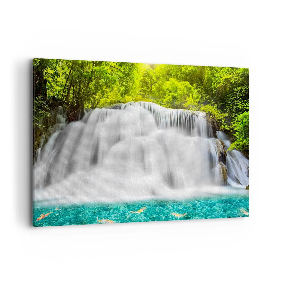 Impression sur toile - Image sur toile - Une cascade dans une forêt tropicale avec de l'eau turquoise - 100x70cm - Une cascade mousseuse du vert à l'azur - Décoration murale moderne pour le salon et la chambre ARTTOR