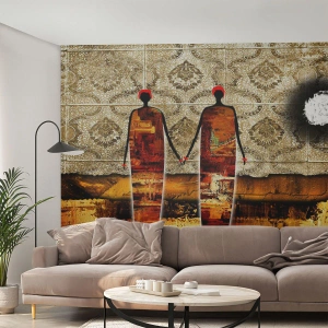 Papier Peint Photo Premium Sand - Figures abstraites sur un fond de motifs et de textures dorés - 100x70cm - Composition ethnique aux couleurs de l'Afrique - Décoration murale moderne pour le salon et la chambre ARTTOR