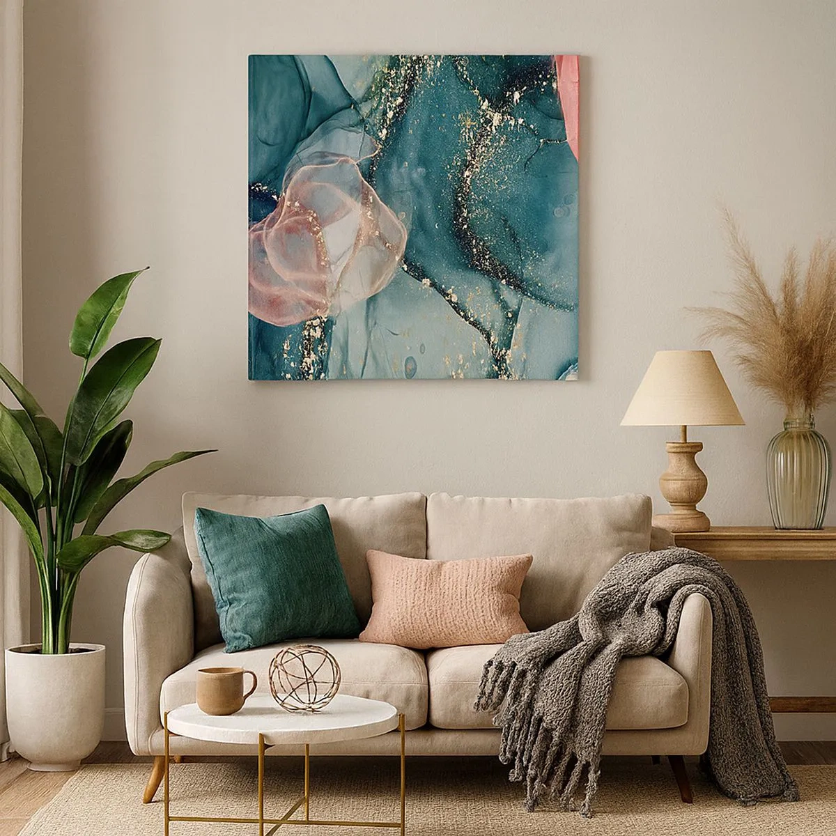 Impression sur toile - Image sur toile - Soie bleu, tulle rose - 30x30 cm