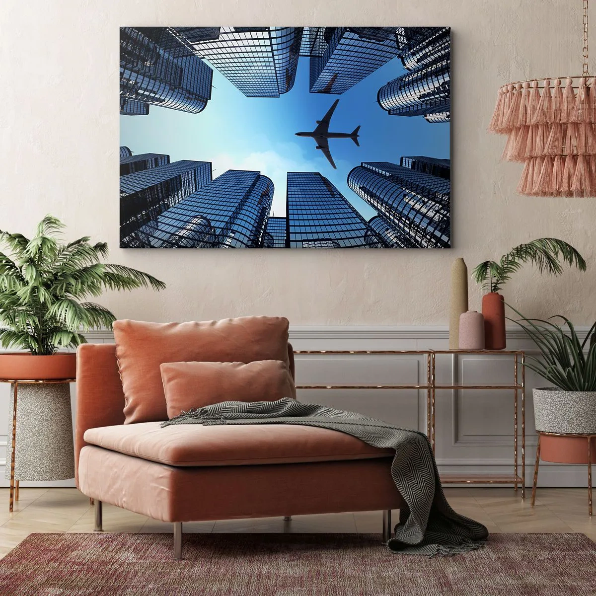 Impression sur toile - Image sur toile - Un avion survolant des gratte-ciels modernes dans le centre-ville. - 70x50cm - La vue depuis le ravin de verre - Décoration murale moderne pour le salon et la chambre ARTTOR