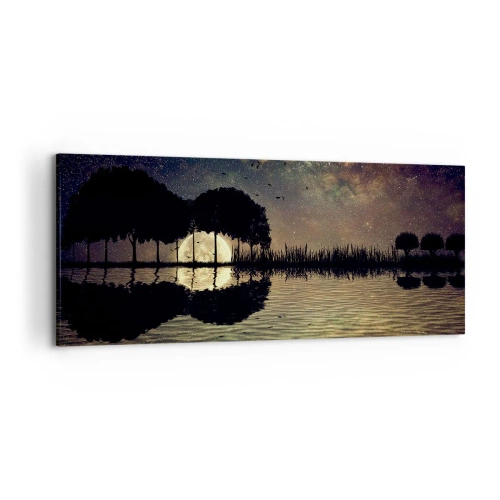 Impression sur toile - Image sur toile - Une nuit magique avec des arbres et la lune se reflétant sur l'eau - 120x50cm - Nuit au bout du monde - Décoration murale moderne pour le salon et la chambre ARTTOR