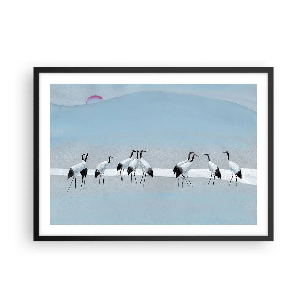 Affiche dans un cadre noir - Poster - Un groupe de grues contre un ciel bleu et le soleil levant - 70x50cm - Après une chaude journée - Décoration murale moderne pour le salon et la chambre ARTTOR