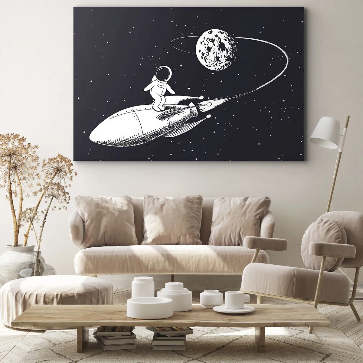 Impression sur toile - Image sur toile - Astronaute sur une fusée dans l'espace - 70x50cm - Surfeur de l'espace - Décoration murale moderne pour le salon et la chambre ARTTOR