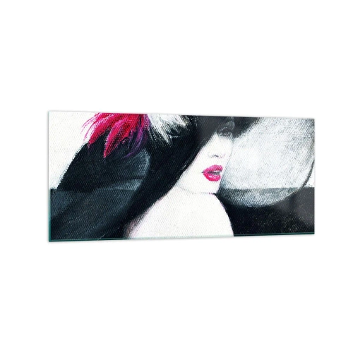 Impression sur verre - Image sur verre - Femme élégante avec un chapeau à plumes - 120x50cm - Toujours un secret - Décoration murale moderne pour le salon et la chambre ARTTOR