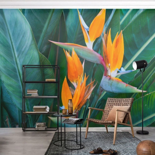 Papier Peint Photo Premium Canvas - Fleurs de strelitzia exotiques entourées de feuilles vertes - 100x70cm - Est-ce une fleur, est-ce un oiseaux? - Décoration murale moderne pour le salon et la chambre ARTTOR