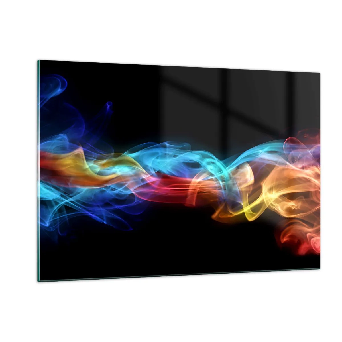 Impression sur verre - Image sur verre - Des traînées de fumée colorées sur un fond noir créant un motif abstrait - 120x80cm - Danse arc-en-ciel du brouillard - Décoration murale moderne pour le salon et la chambre ARTTOR