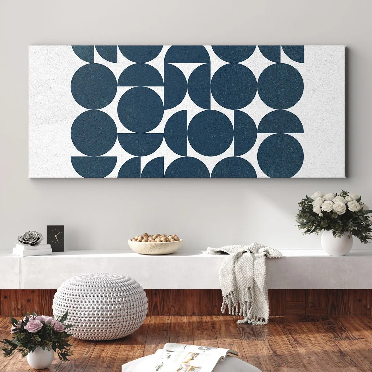 Impression sur toile - Image sur toile - Formes géométriques dans des tons bleu marine sur fond blanc - 160x50cm - Cercles et demi-cercles - Décoration murale moderne pour le salon et la chambre ARTTOR