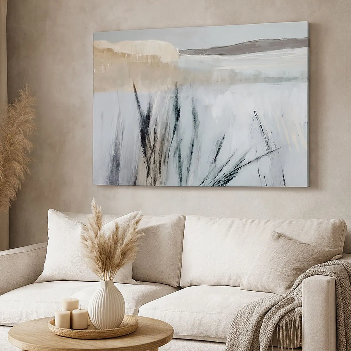 Impression sur toile - Image sur toile - Un paysage hivernal pittoresque avec des champs et des herbes - 70x50cm - Champs d'hiver - Décoration murale moderne pour le salon et la chambre ARTTOR