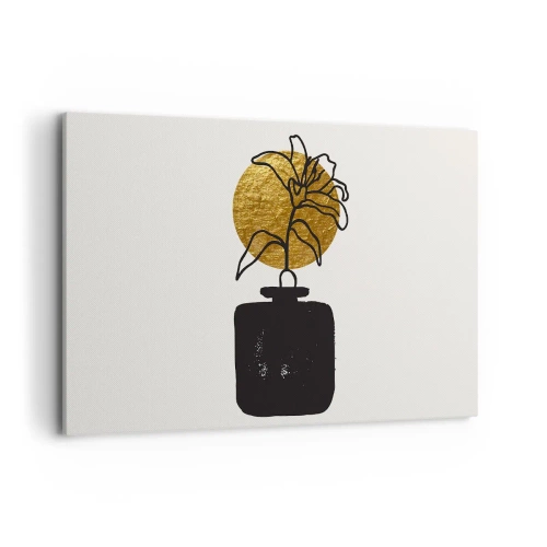 Impression sur toile - Image sur toile - Un dessin d'une fleur dans un vase sur un fond de cercle doré - 120x80cm - La beauté vaut son pesant d'or - Décoration murale moderne pour le salon et la chambre ARTTOR