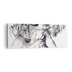 Impression sur toile - Image sur toile - Une femme dans une danse dynamique avec des zèbres dans une esthétique noir et blanc - 140x50cm - Danse avec les zèbres - Décoration murale moderne pour le salon et la chambre ARTTOR