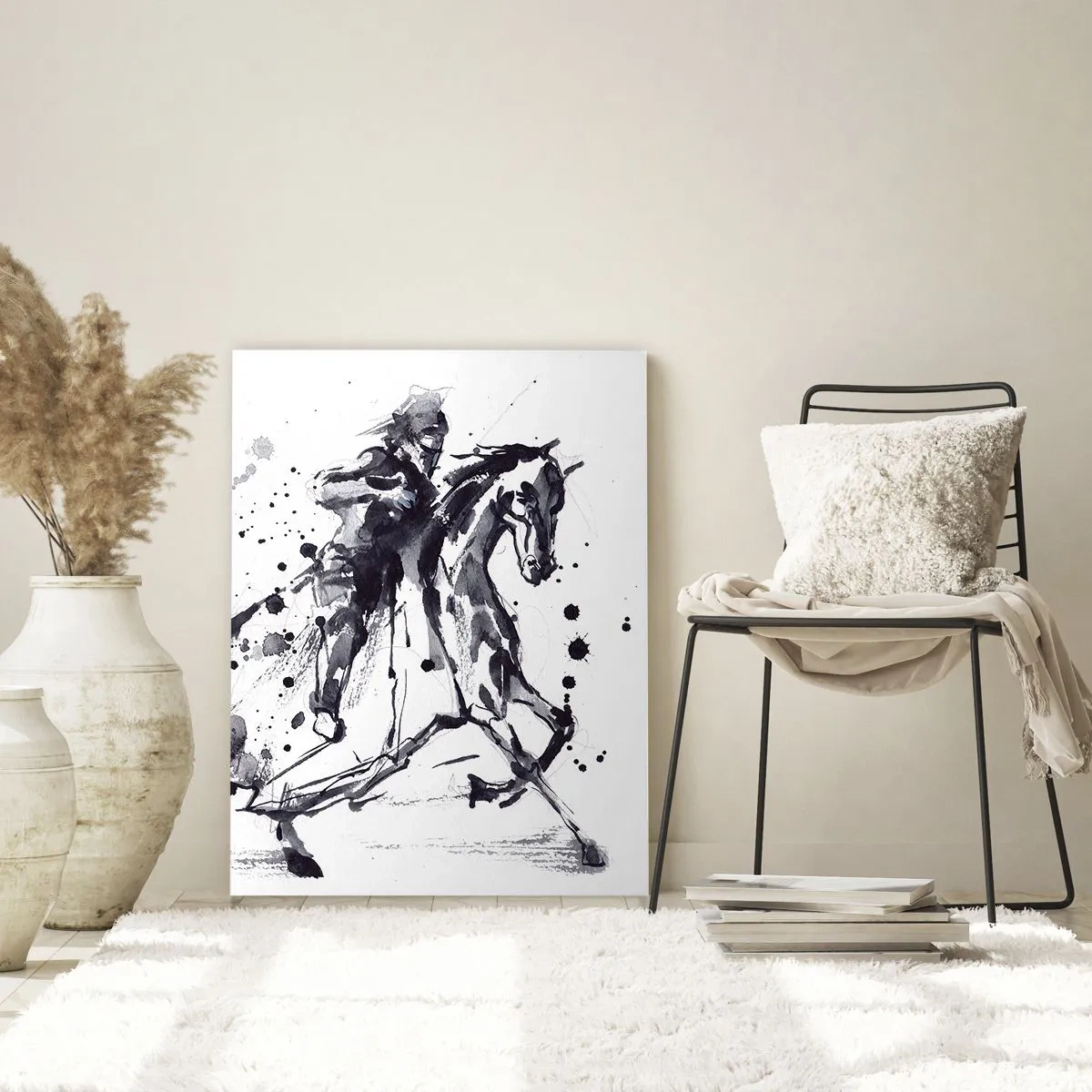 Impression sur verre - Image sur verre - Aquarelle noir et blanc d'un cavalier sur un cheval au galop - 80x120cm - Chevalier noir - Décoration murale moderne pour le salon et la chambre ARTTOR