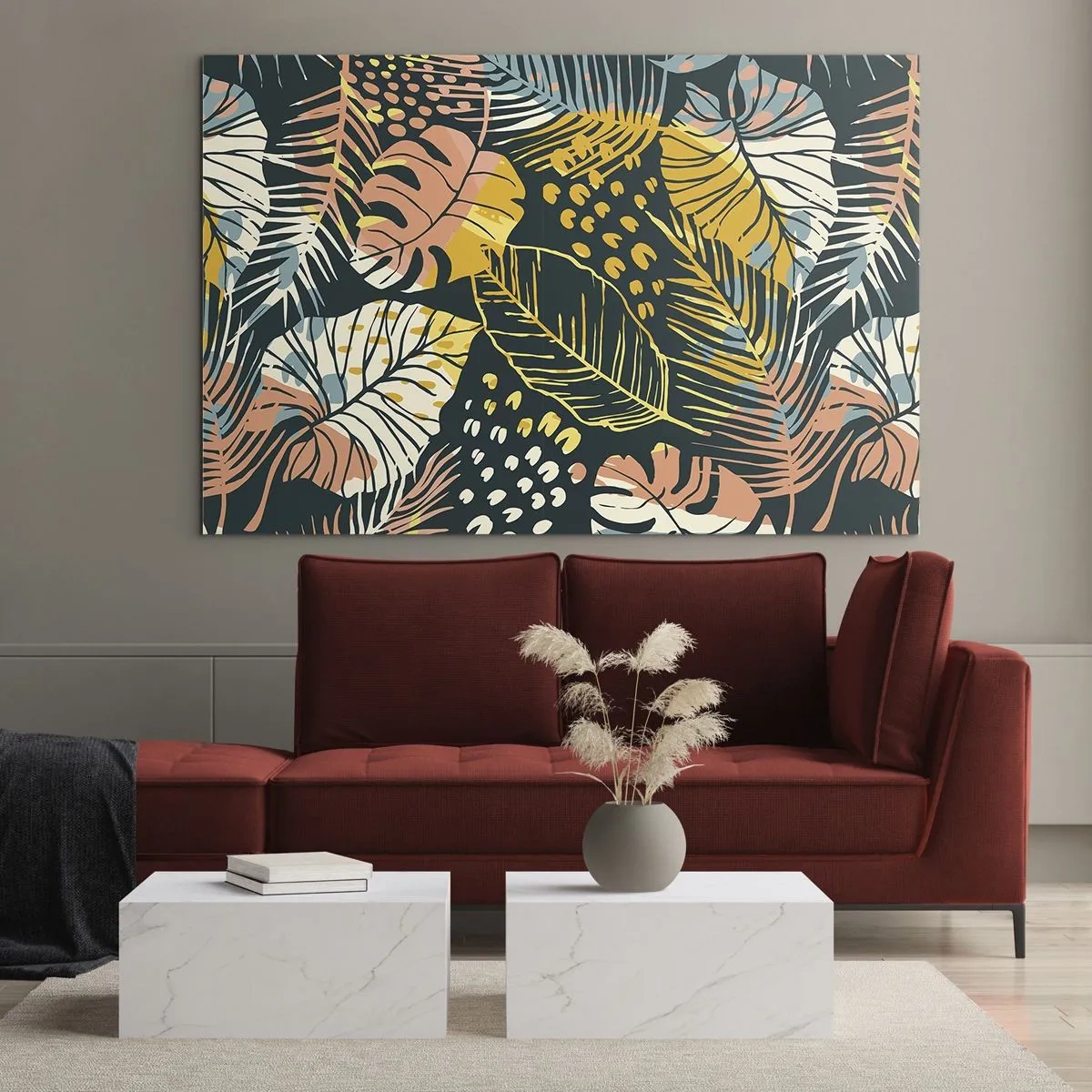 Impression sur verre - Image sur verre - Un motif de feuilles tropicales aux couleurs vibrantes, pleines d'énergie et d'exotisme. - 100x70cm - Fantaisie feuillue - Décoration murale moderne pour le salon et la chambre ARTTOR