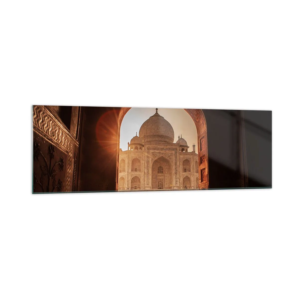 Impression sur verre - Image sur verre - Le Taj Mahal au soleil vu depuis l'arche de la porte - 160x50cm - Un monument à l'amour surnaturel - Décoration murale moderne pour le salon et la chambre ARTTOR