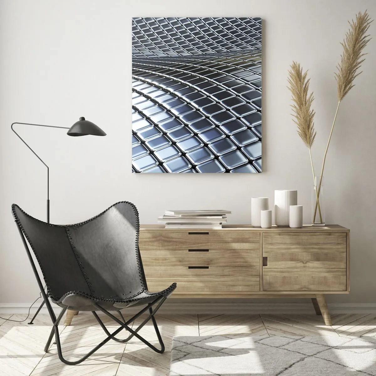 Impression sur verre - Image sur verre - Surface abstraite avec des carrés métalliques brillants - 50x70cm - Vague argent métallique - Décoration murale moderne pour le salon et la chambre ARTTOR