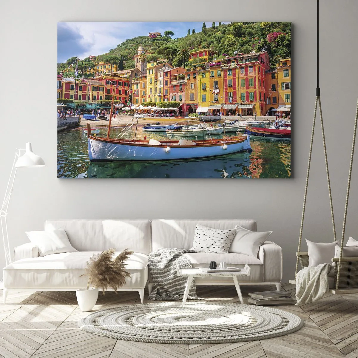 Impression sur toile - Image sur toile - Maisons de ville colorées et bateaux dans une ville balnéaire italienne - 120x80cm - Matinée italienne - Décoration murale moderne pour le salon et la chambre ARTTOR