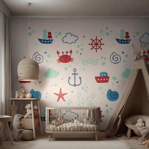 Papier Peint Photo Premium Canvas - Motif nautique avec ancres, navires et crabes - 100x70cm - Conte de fées de la mer - Décoration murale moderne pour le salon et la chambre ARTTOR