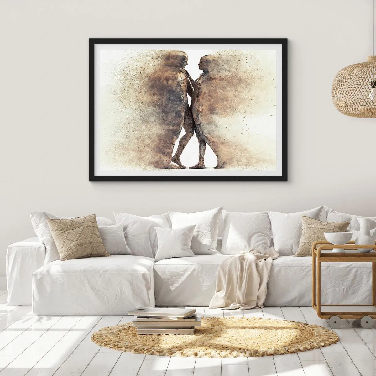 Affiche dans un cadre noir - Poster - Un duo abstrait de silhouettes aux tons sable - 70x50cm - Ils sont sortis de la poussière pour aimer - Décoration murale moderne pour le salon et la chambre ARTTOR