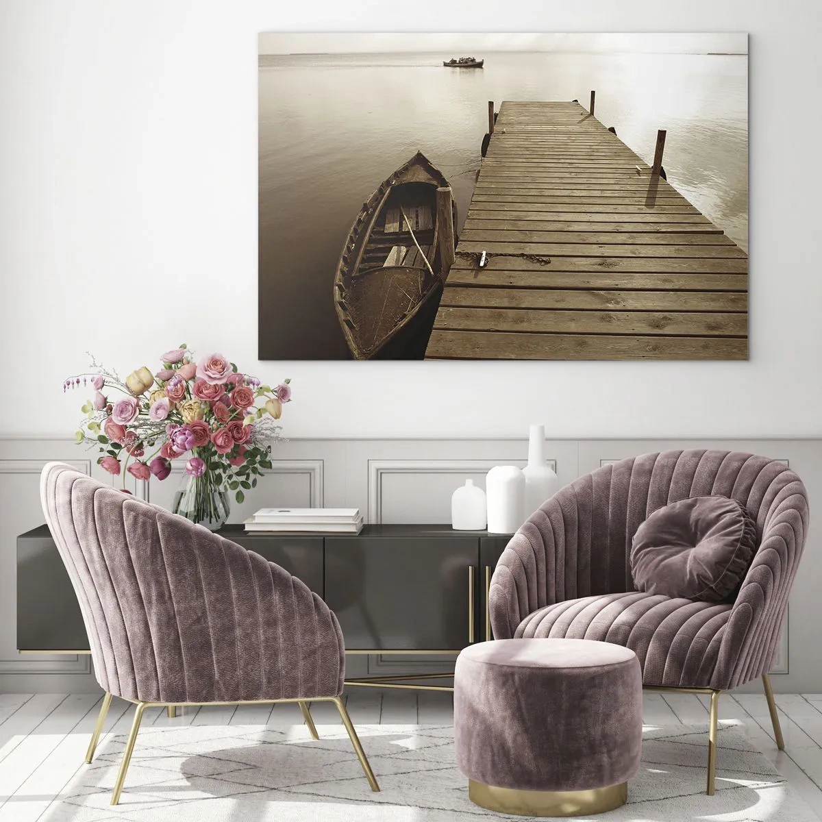 Impression sur verre - Image sur verre - Un bateau sur un quai sur un lac calme en sépia - 100x70cm - Le grand silence - Décoration murale moderne pour le salon et la chambre ARTTOR