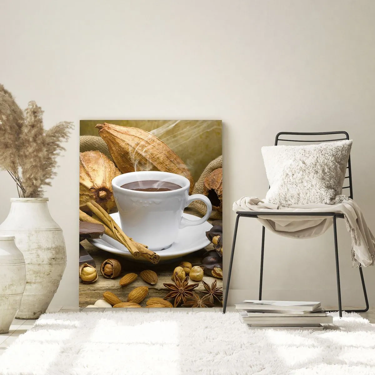Impression sur verre - Image sur verre - Une tasse de chocolat chaud entourée de cacao et de cannelle - 70x100cm - Pour les amateurs de sensations fortes - Décoration murale moderne pour le salon et la chambre ARTTOR