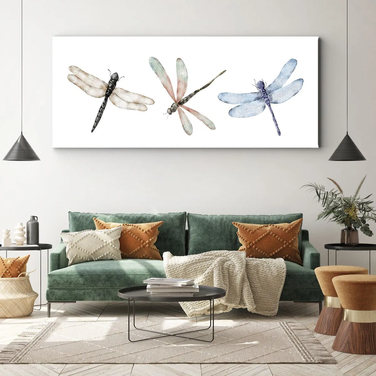 Impression sur toile - Image sur toile - Trois libellules aux couleurs pastel délicates - 140x50cm - Libellules en apesanteur - Décoration murale moderne pour le salon et la chambre ARTTOR