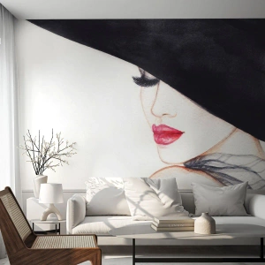 Papier Peint Autocollant Deluxe Sticker - Élégance et sensualité - Femme, lèvres rouges, Chapeau noir - 400x280 cm