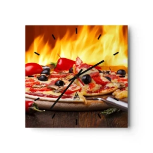 Horloge murale - Pendule murale - Pizza aux olives, tomates et poivrons sur fond de flammes - 30x30cm - From Italy with love - Décoration murale moderne pour le salon et la chambre ARTTOR