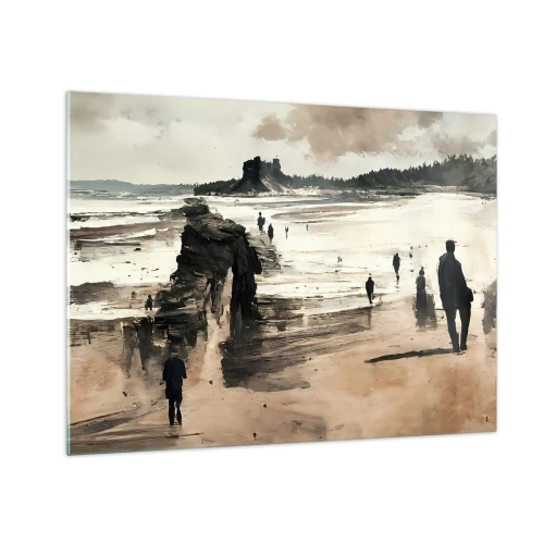 Impression sur verre - Image sur verre - Silhouettes marchant sur une large plage sous un ciel nuageux - 70x50cm - Invoqué - Décoration murale moderne pour le salon et la chambre ARTTOR
