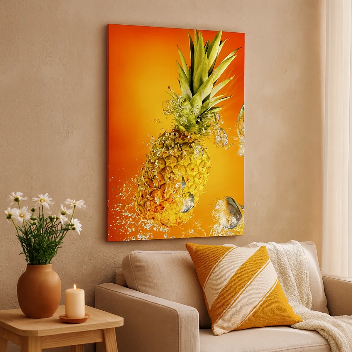 Impression sur toile - Image sur toile - Un ananas immergé dans l'eau sur un fond dégradé orange. - 50x70cm - Fraîcheur juteuse tropicale - Décoration murale moderne pour le salon et la chambre ARTTOR