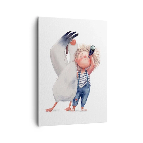 Impression sur toile - Image sur toile - Illustration d'un enfant avec un pélican et un télescope à la main - 50x70cm - Plan de grand voyage - Décoration murale moderne pour le salon et la chambre ARTTOR