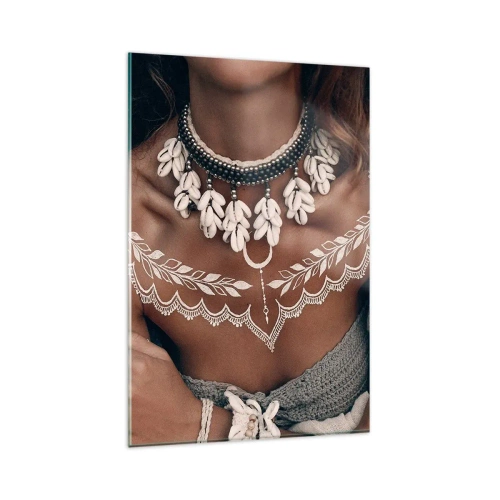 Impression sur verre - Image sur verre - Style bohème avec bijoux coquillages et motif dentelle - 80x120cm - Talismans, rituels de la féminité - Décoration murale moderne pour le salon et la chambre ARTTOR