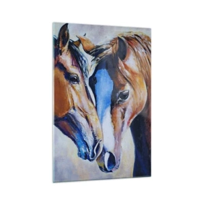 Impression sur verre - Image sur verre - Une représentation picturale de deux chevaux dans un cadre convivial. - 70x100cm - Est-ce de l'amitié ? Ou de l'amour ? - Décoration murale moderne pour le salon et la chambre ARTTOR