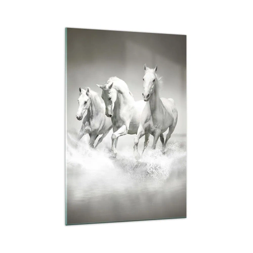 Impression sur verre - Image sur verre - Trois chevaux blancs galopant dans l'eau - 70x100cm - La folie blanche - Décoration murale moderne pour le salon et la chambre ARTTOR