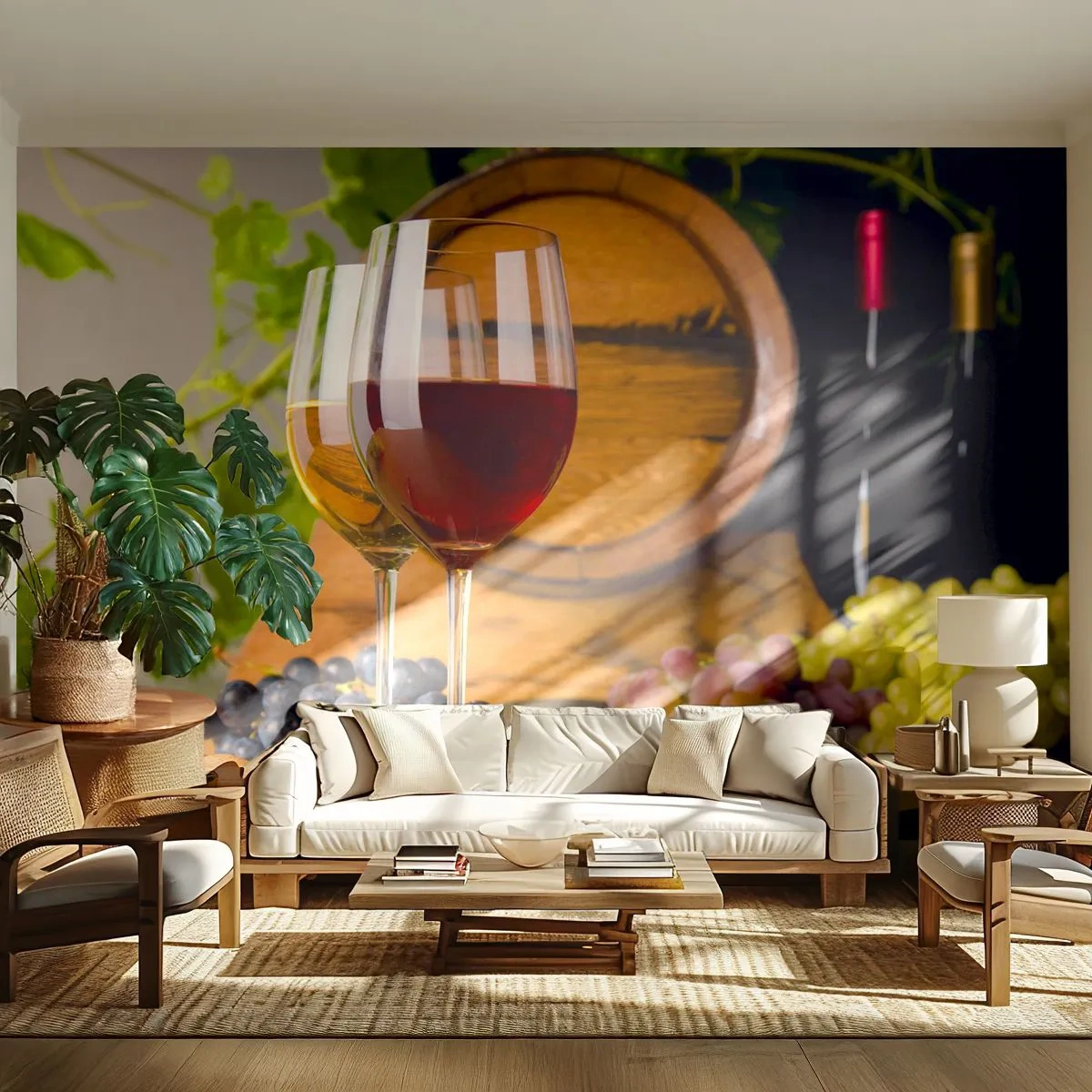 Papier Peint Autocollant Deluxe Sticker - Comme les vieux maîtres - Tonneau de vin, Raisin, Un verre de vin - 250x175 cm