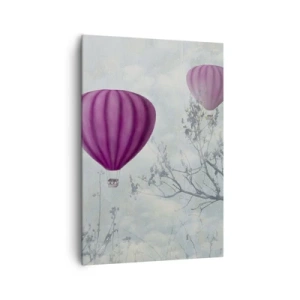 Impression sur toile - Image sur toile - Des ballons violets flottant au-dessus des arbres dans les nuages - 70x100cm - Comme des navires dans le ciel - Décoration murale moderne pour le salon et la chambre ARTTOR